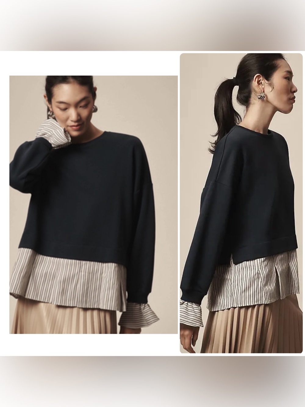 Maeve Anthropologie Striped Trim Layered Ruffle Twofer Navy Sweatshirt Size M